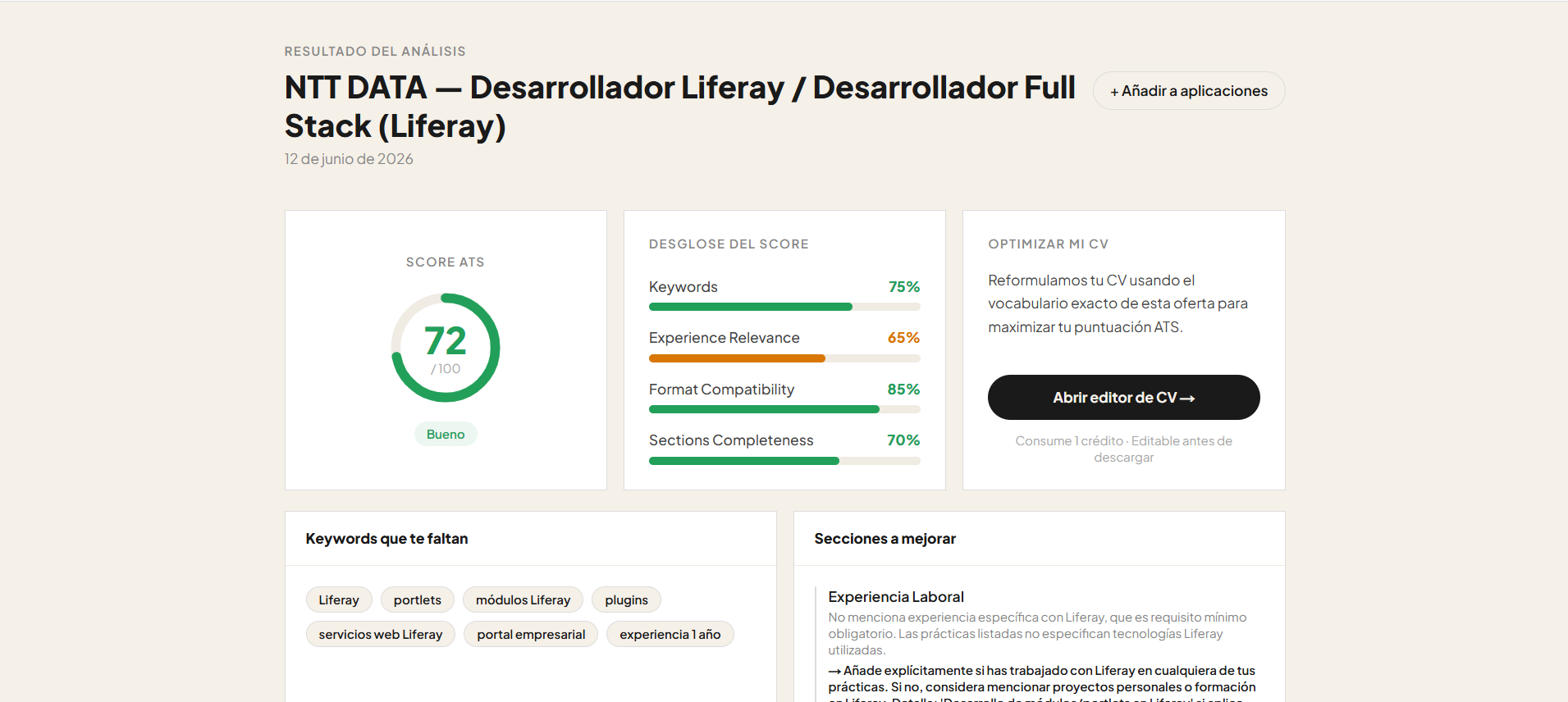 Análisis ATS después de optimizar: score 72, keywords integradas