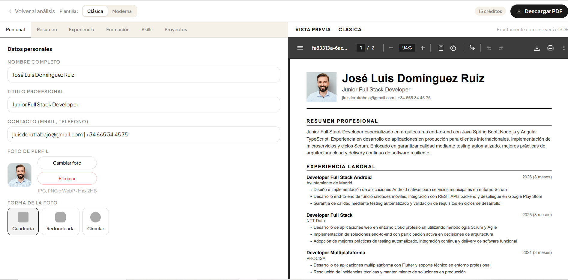 Editor de CV con vista previa del PDF en vivo: datos personales, experiencia y plantillas
